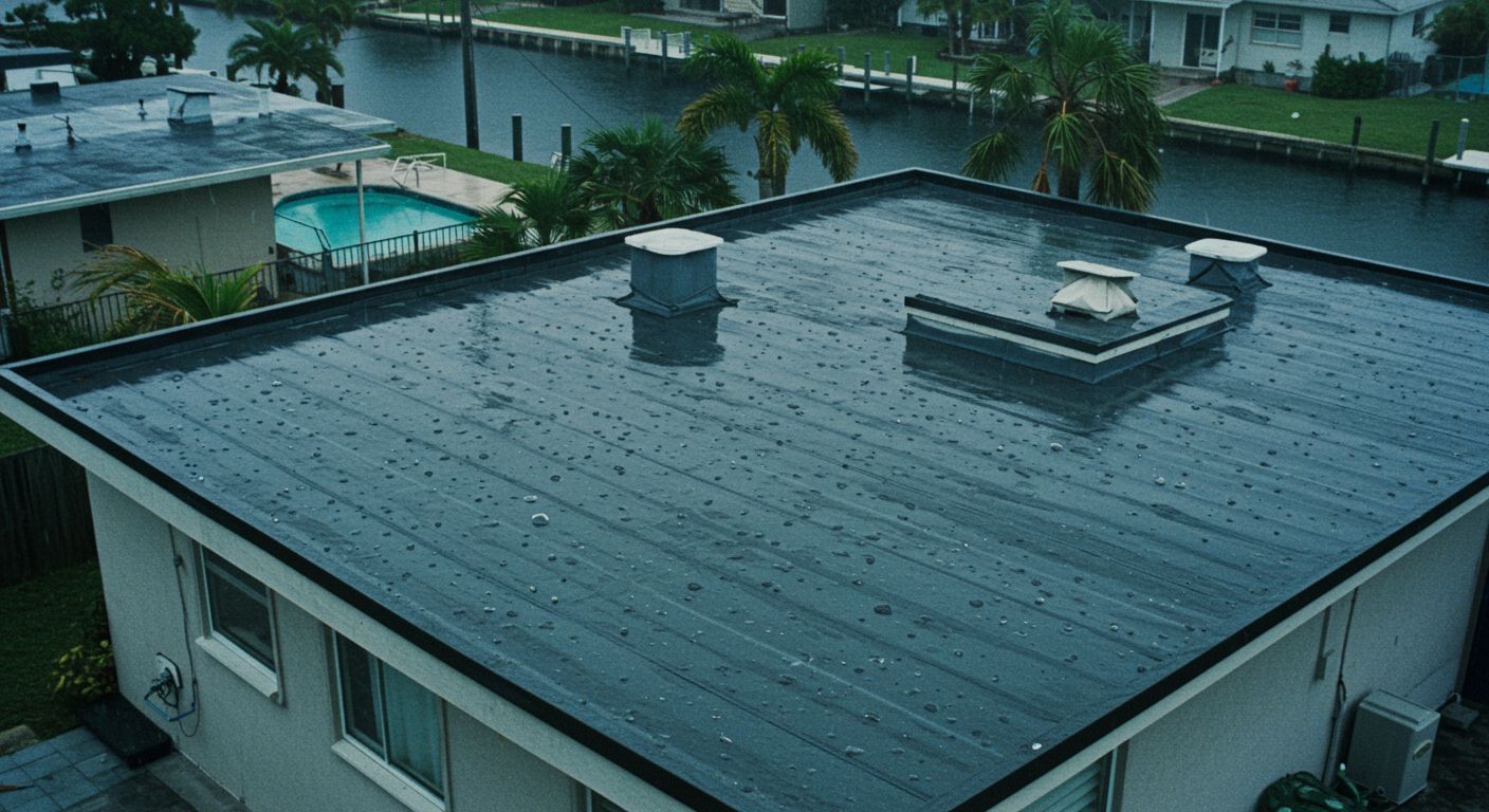 Rain falling on a flat black roof with vents. Houses and a canal are in the background.