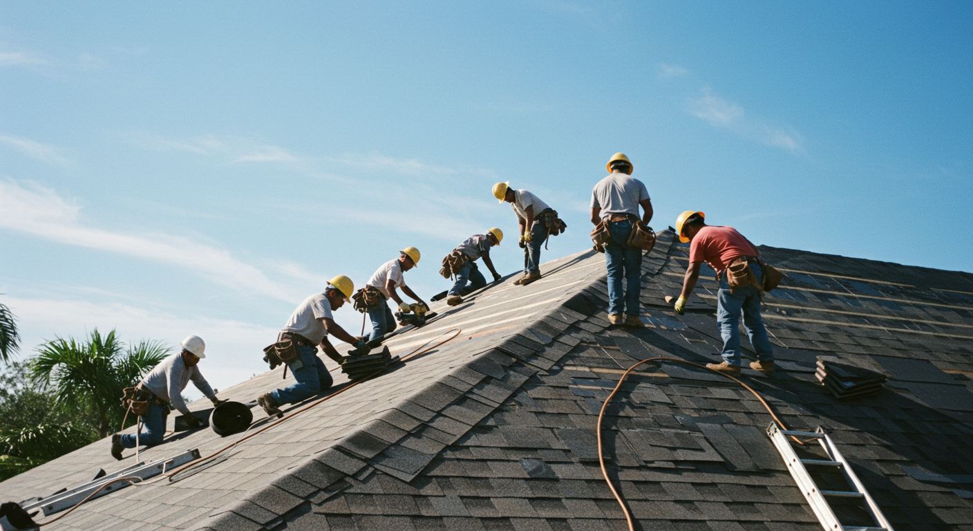 Roofers in hard hats working on a roof, sunny day.