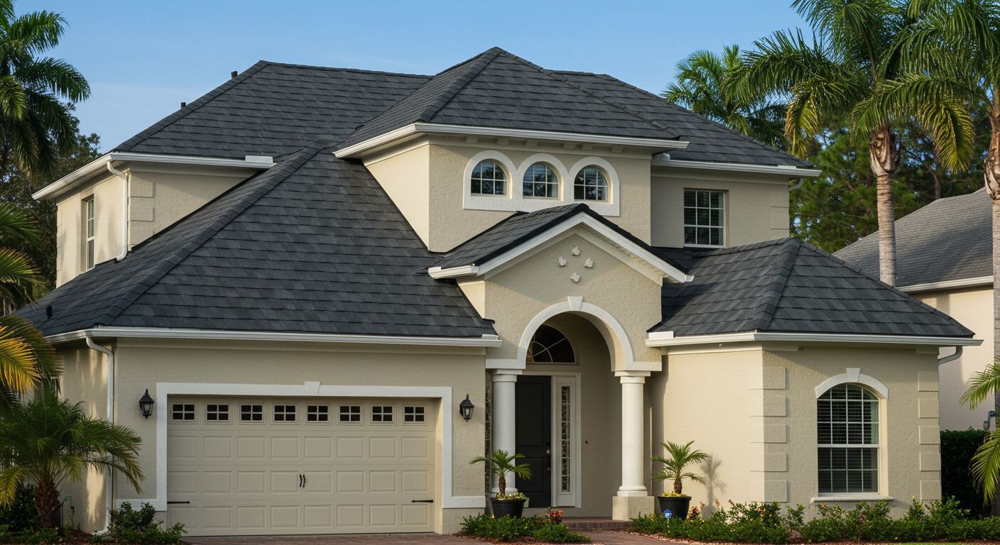 Two-story beige house with a dark gray roof, white garage, and arched front entry surrounded by palm trees