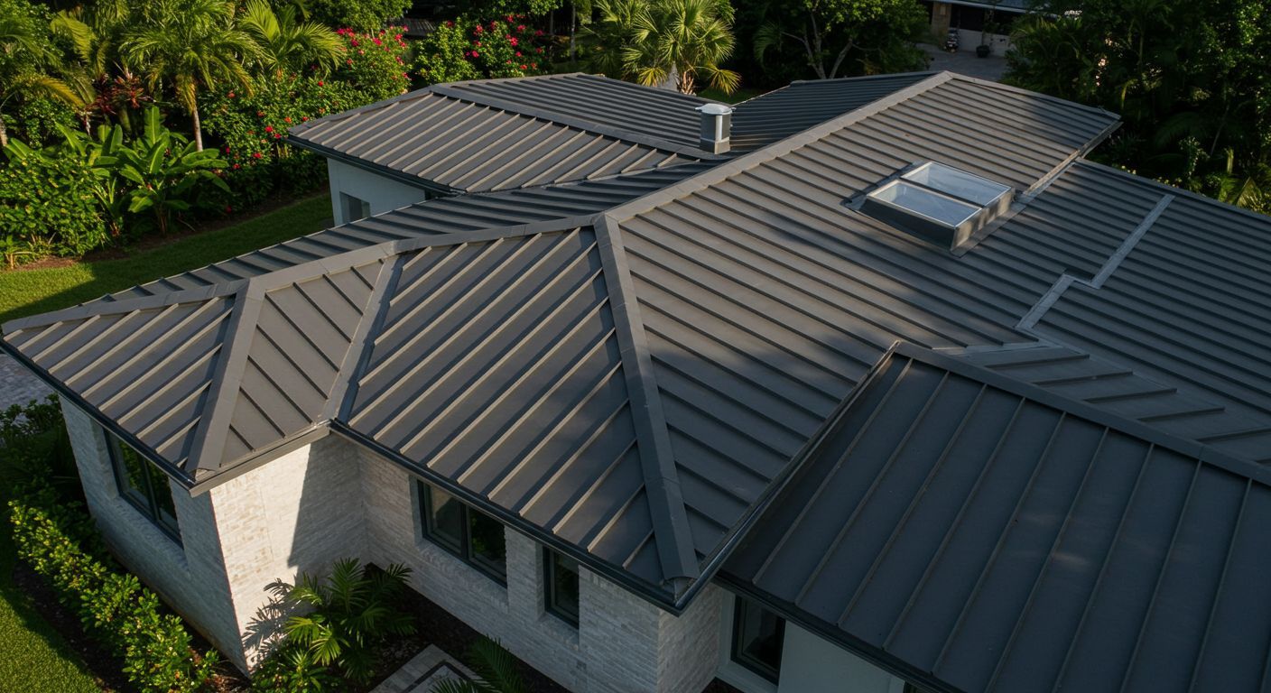 Gray metal roof on a white house with multiple gabled sections, surrounded by green trees.