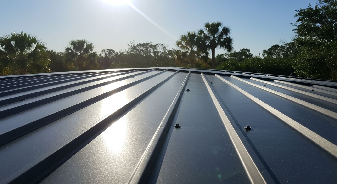 Metal roof reflecting sunlight, trees in background, bright sky.