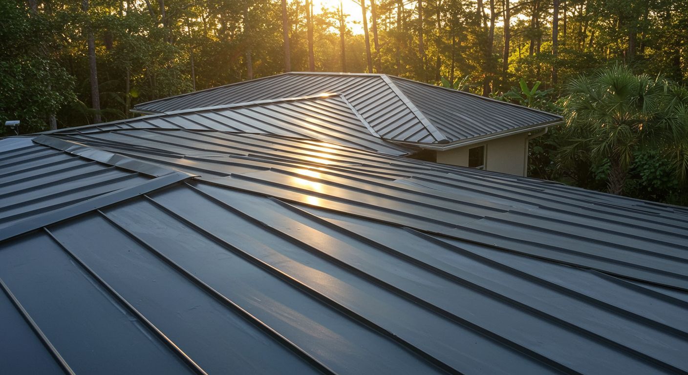 Dark metal roof reflecting sunlight, set against a backdrop of trees.