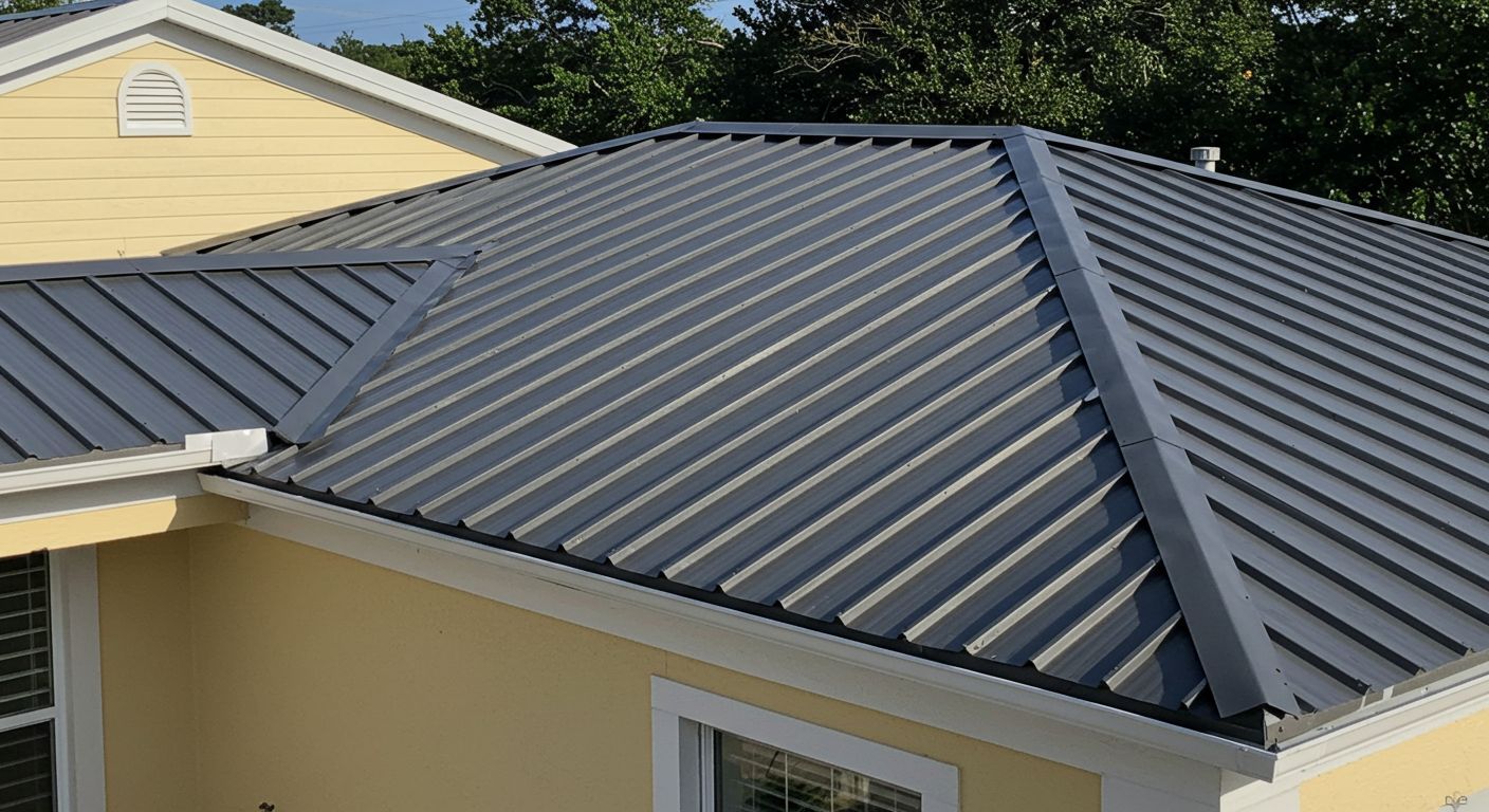 Gray metal roof on a yellow house against a backdrop of trees and a blue sky.