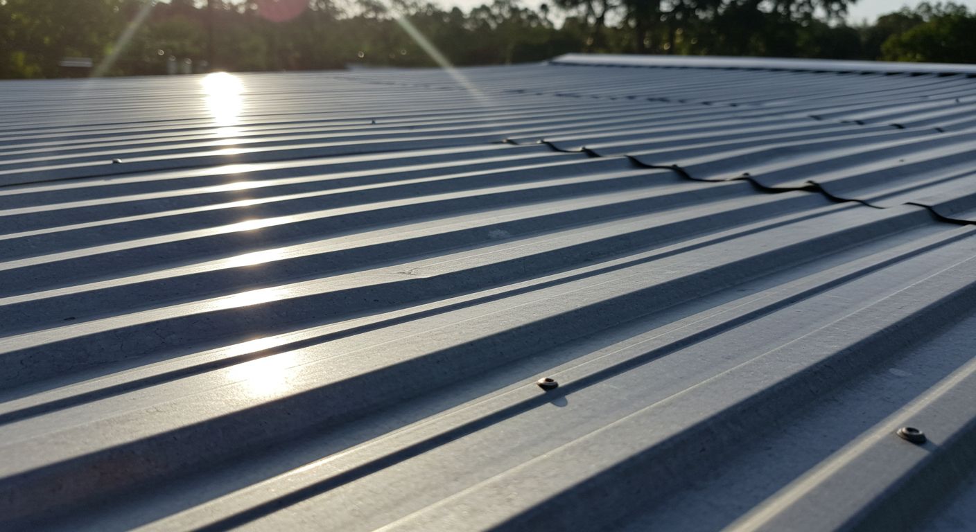 Corrugated metal roof reflecting sunlight, outdoors.