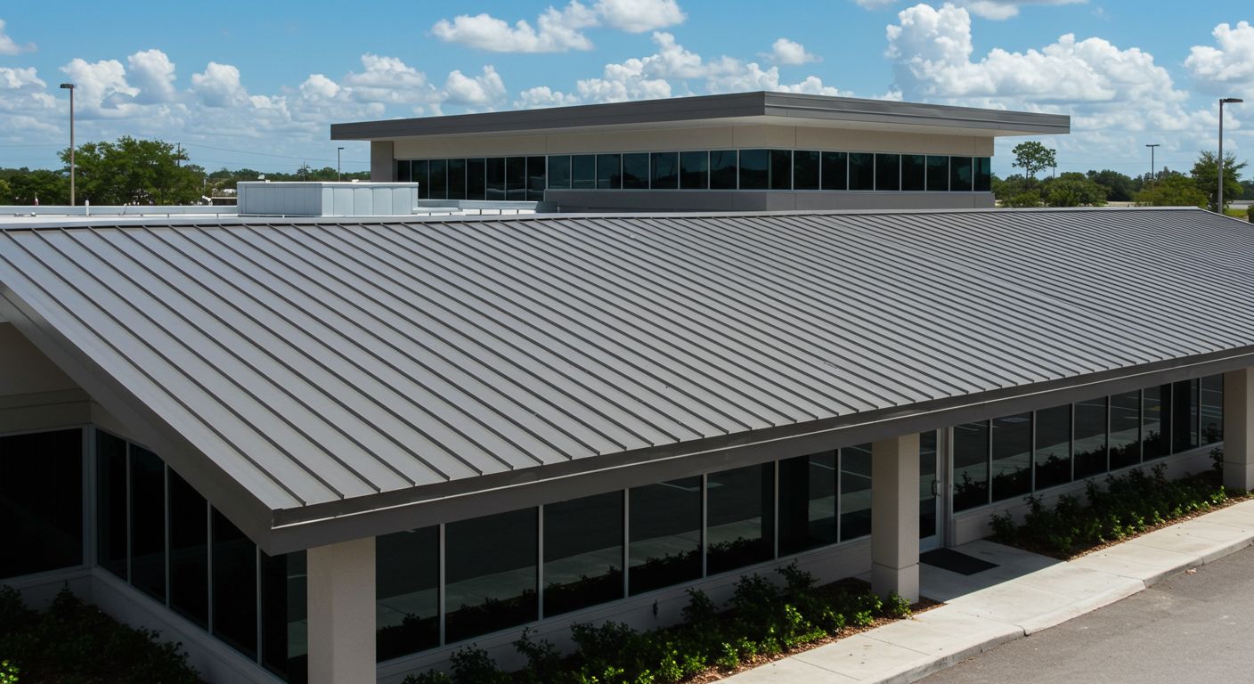 Modern, gray-roofed building with large windows under a blue sky, possibly an office or commercial space.