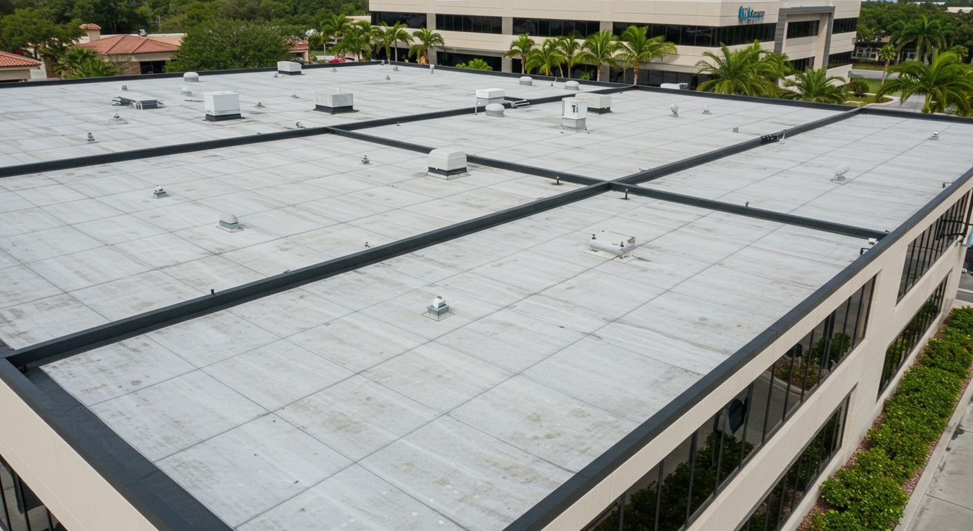 Flat, light gray commercial roof with various equipment, dark gray trim, and surrounding trees.