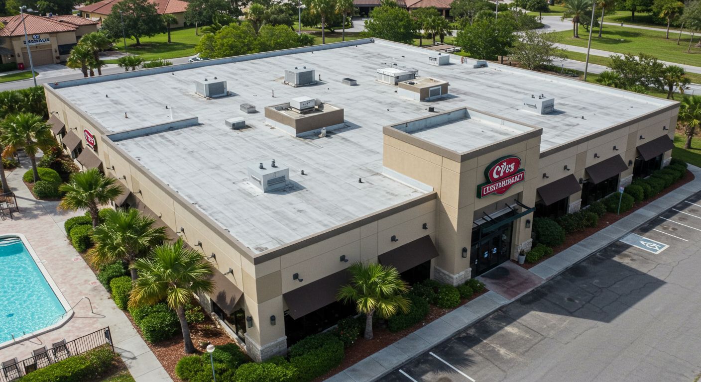 Elixir Liquor store building with a flat roof, awnings, and a pool in the foreground.