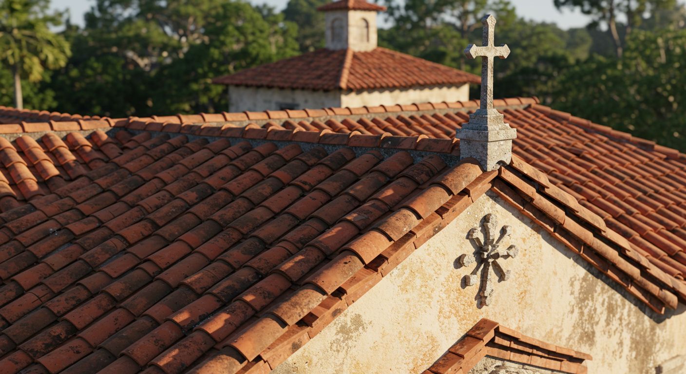 Red-tiled roof of a building with a cross. Another building is in the background, surrounded by trees.