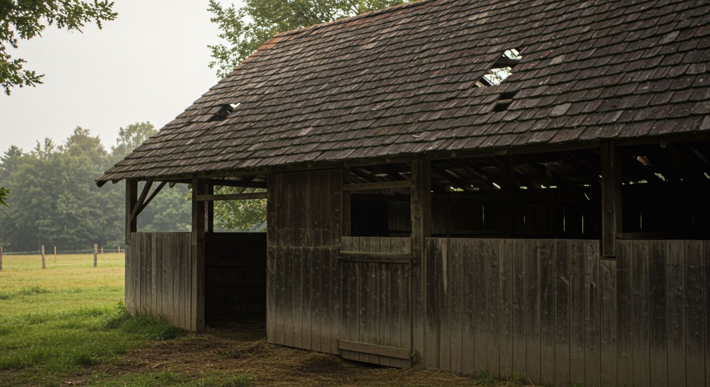 Weathered wooden barn with a damaged roof, set in a green field with trees in the background.