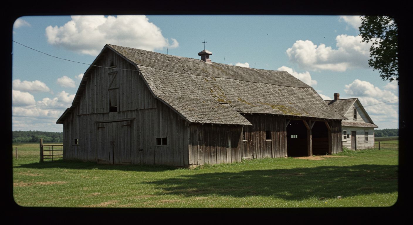 Old, weathered wooden barn with a shingled roof on a grassy field under a cloudy sky.