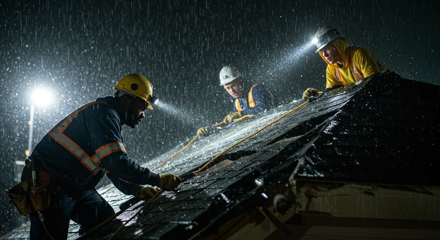 Three workers in rain gear and hard hats repair a roof at night, illuminated by headlamps and a work light.