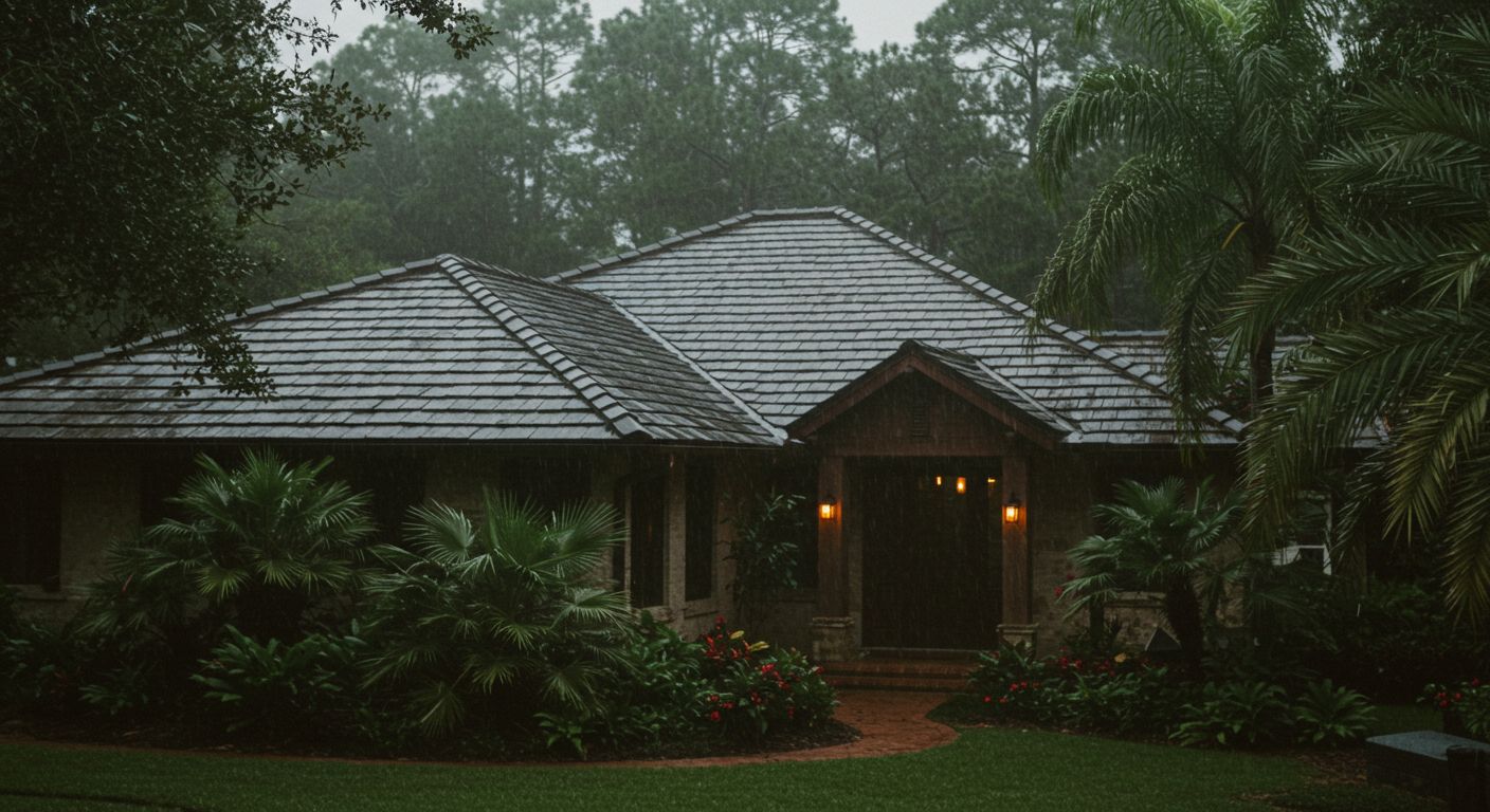 A house with a dark brown roof and door surrounded by green trees and bushes in the rain.