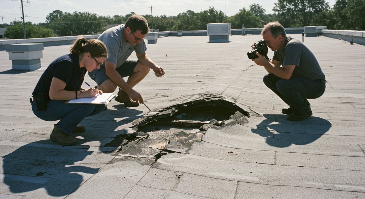 Three people inspecting a damaged commercial roof. One writes notes, another points, and one photographs.