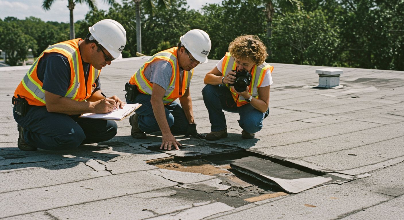 Three workers in safety vests and hard hats inspecting a damaged flat roof.