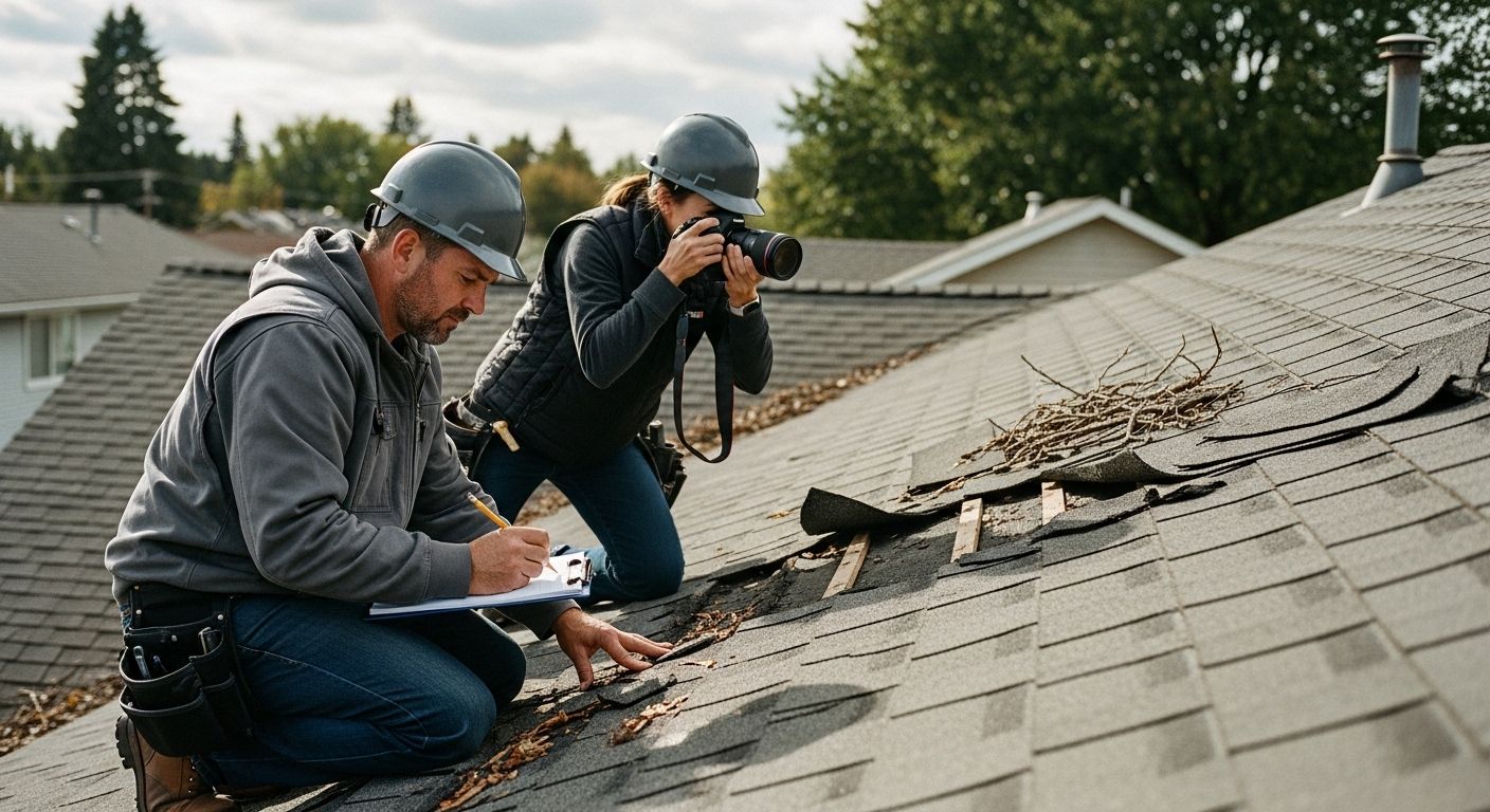 Two people inspecting a roof. One takes photos, the other takes notes, both wearing hard hats.
