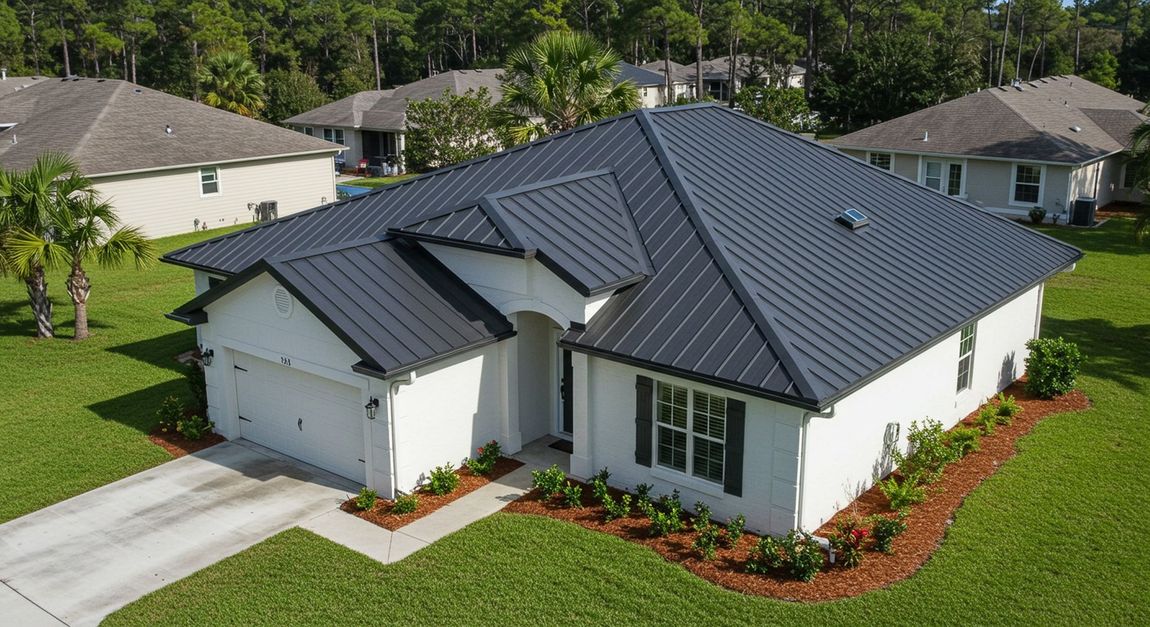 White house with black metal roof, green lawn, driveway, and palm trees.
