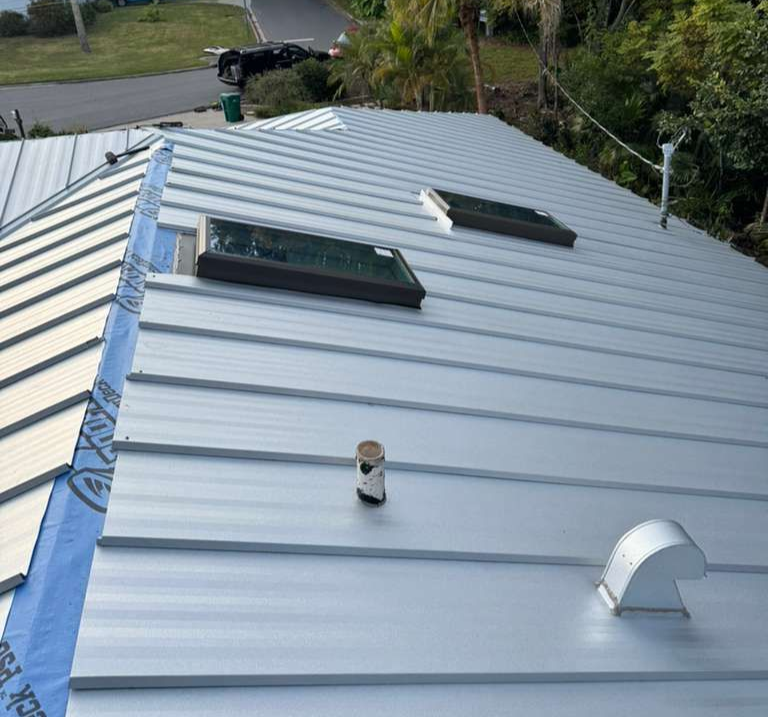Metal roof with skylights and vent on a residential building.