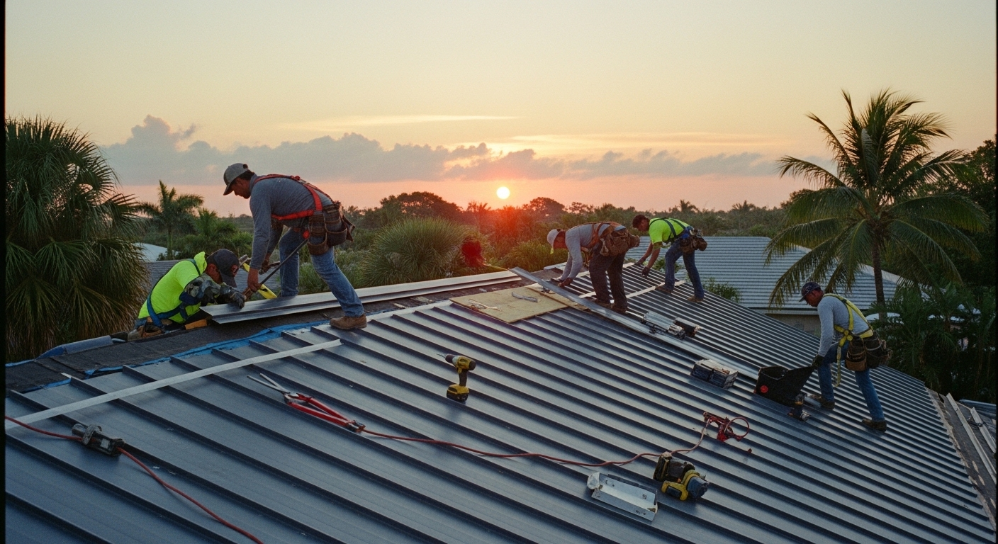 Roofers installing metal roofing at sunset. Safety harnesses and tools visible. Palm trees in the background.