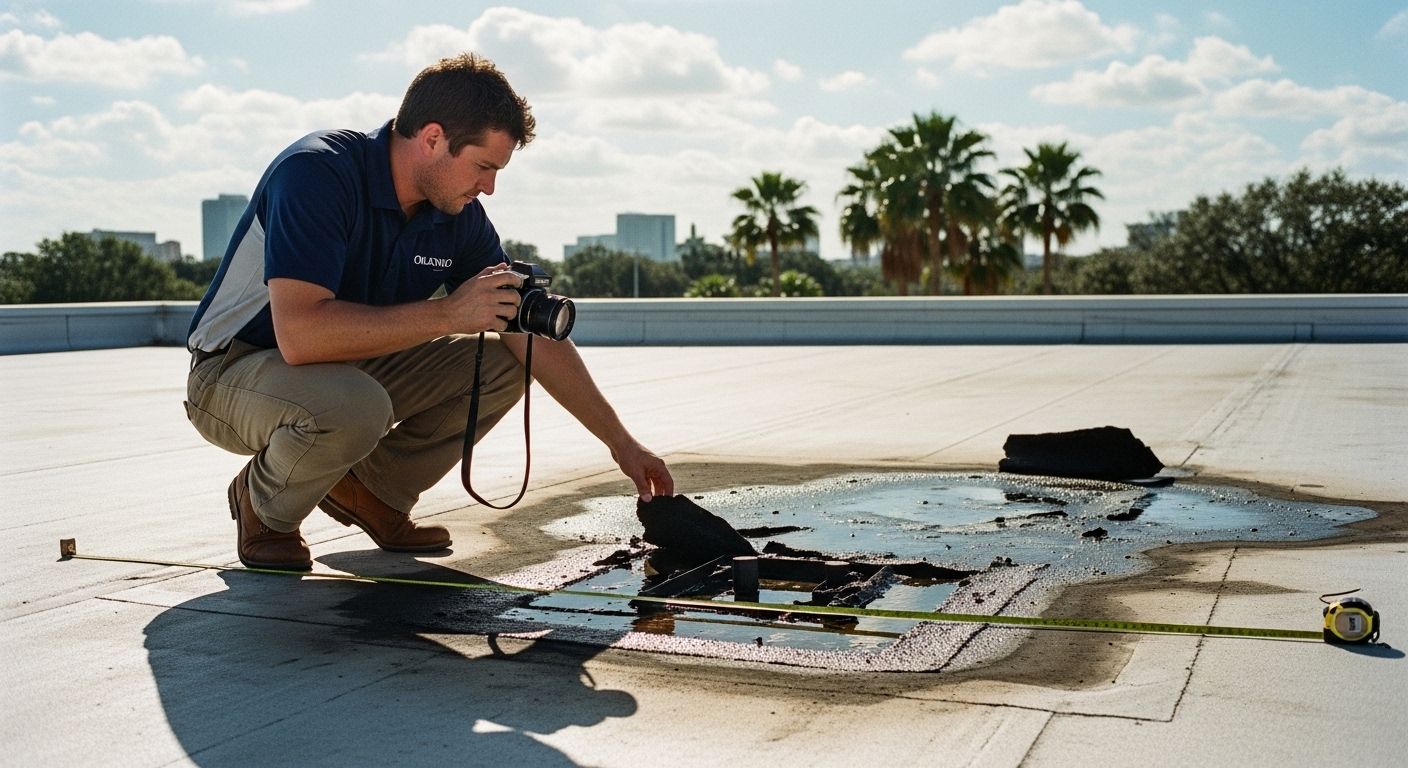 Man inspecting damaged flat roof, taking photo. Brown pants, dark blue shirt, holding camera, tape measure nearby.