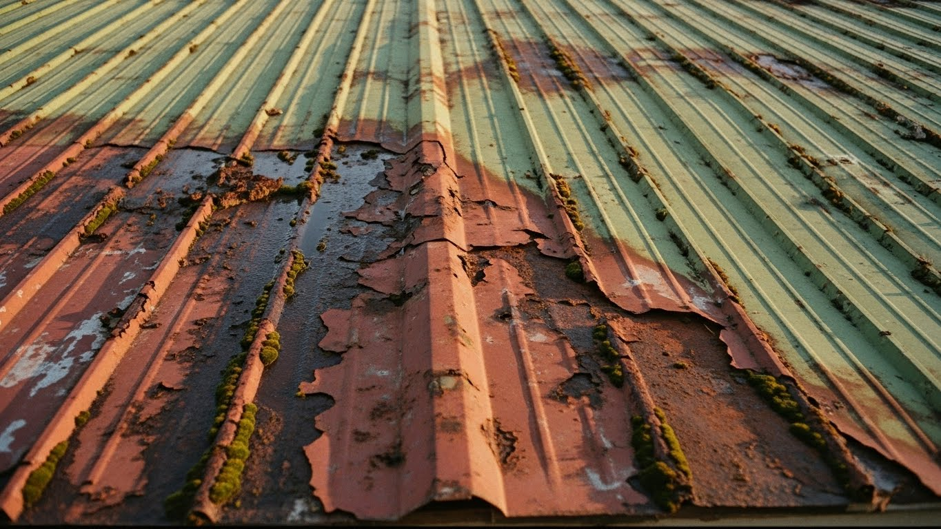 Corrugated metal roof with peeling paint and moss, in shades of red, green, and brown.