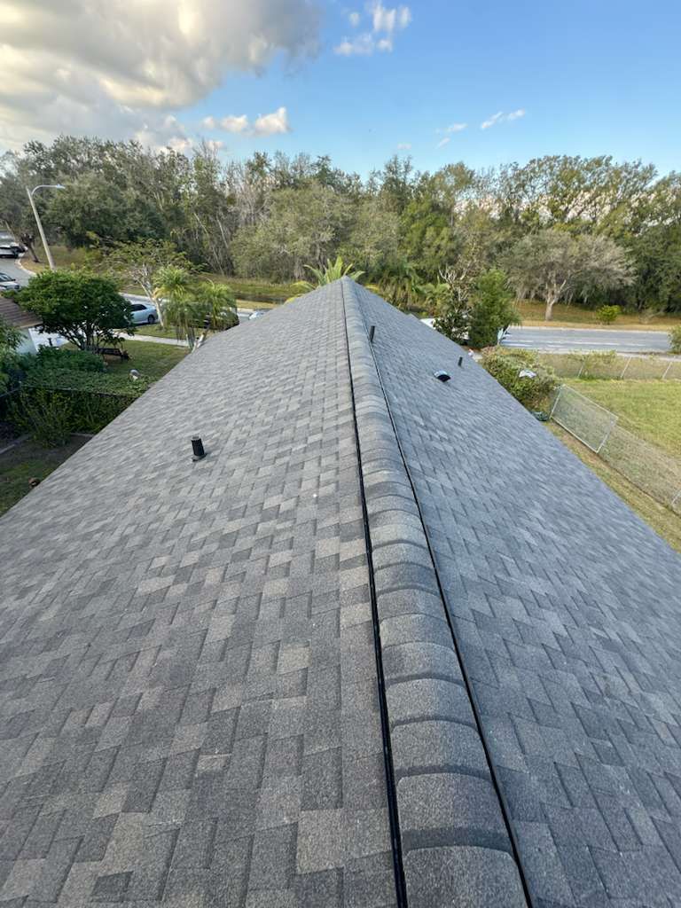 View of a gray shingle roof with a ridge, trees and sky in the background.