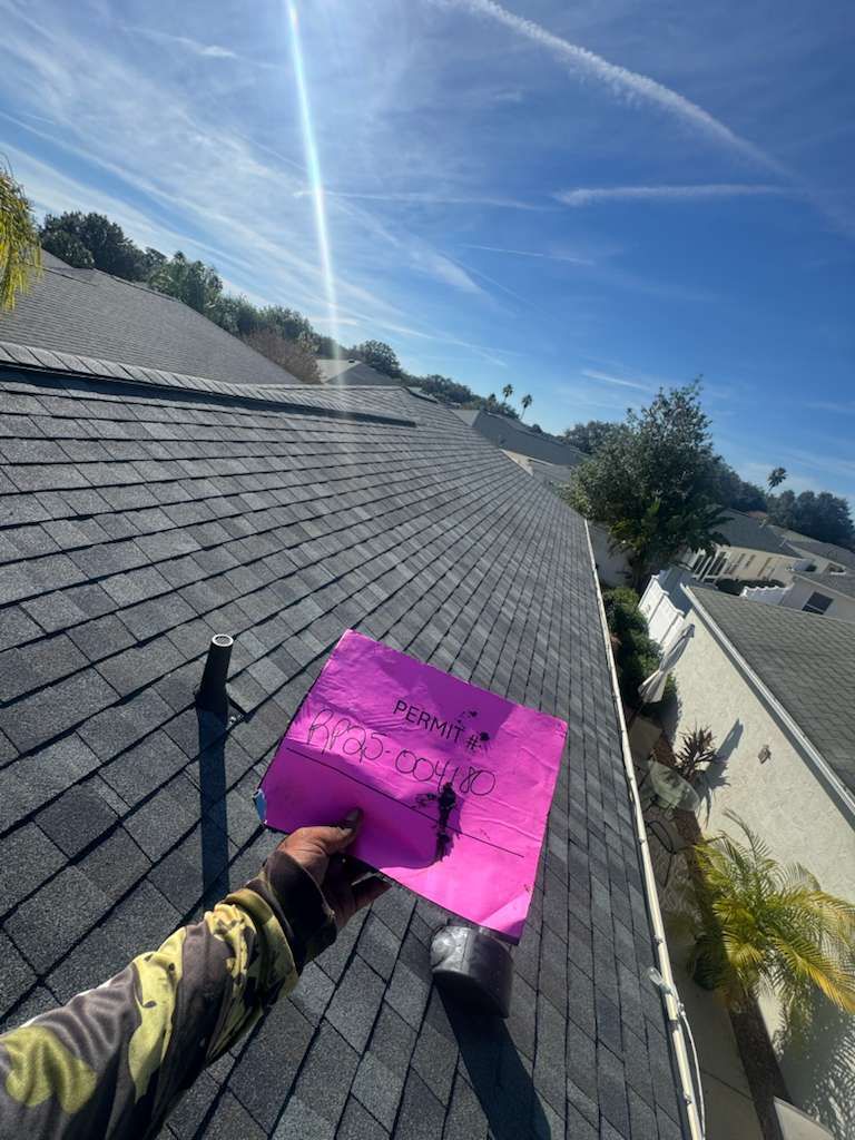 Person on a roof holds a pink card. Blue sky with sun and other houses visible.