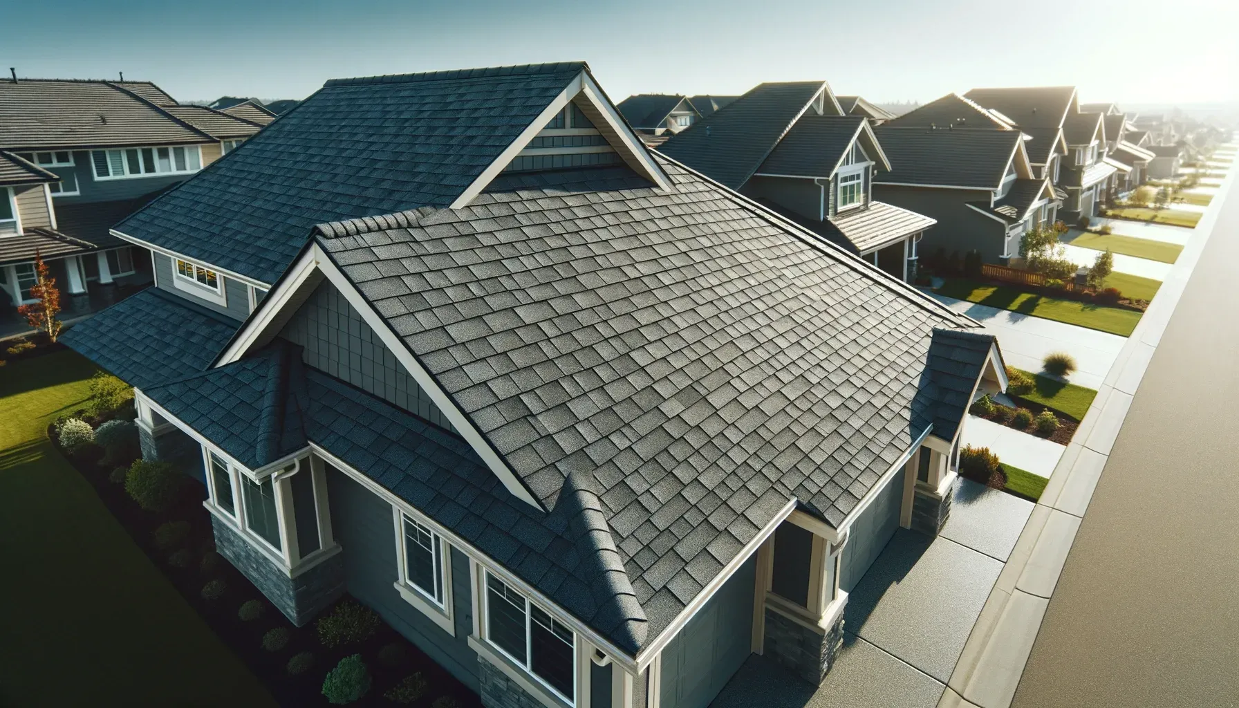 Row of houses with gray roofs and siding, in a suburban setting.
