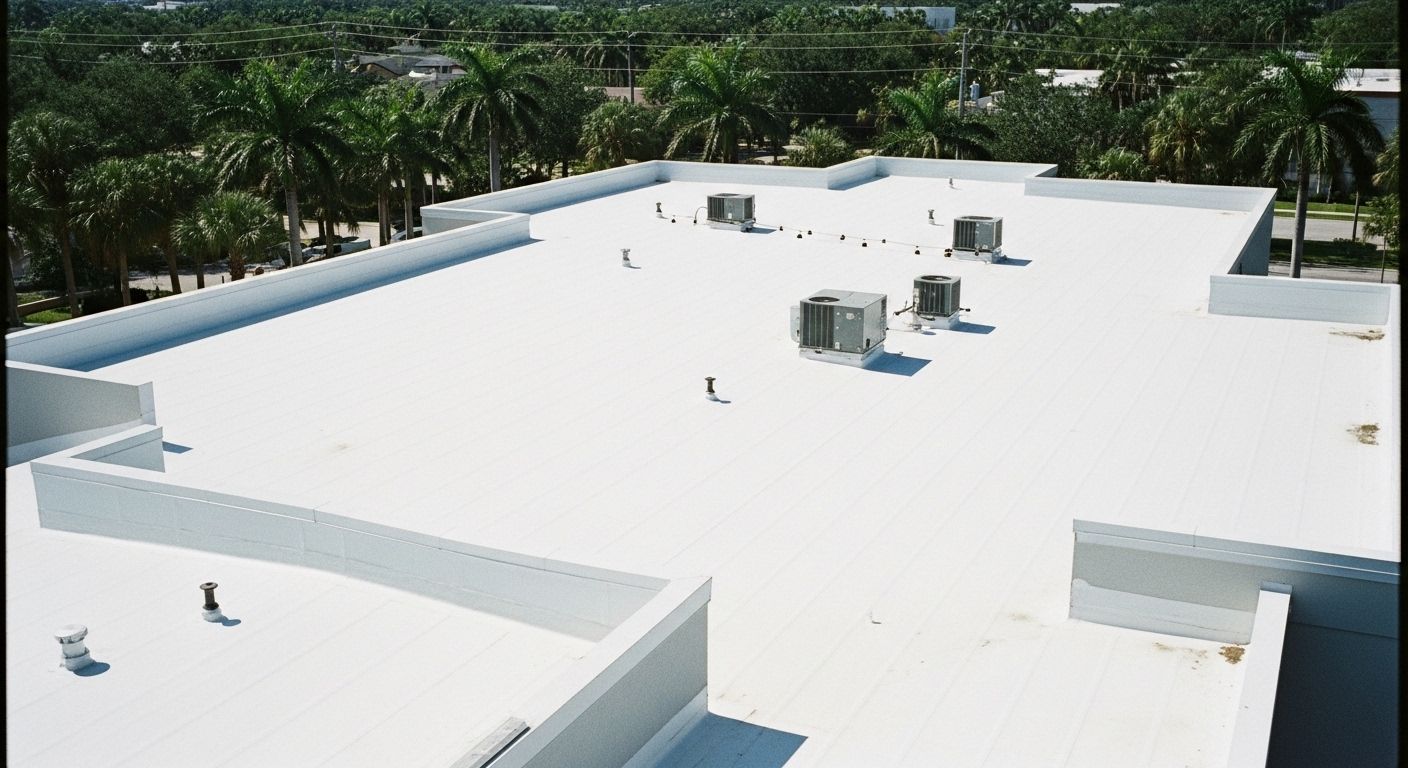 White commercial roof with AC units, surrounded by palm trees.