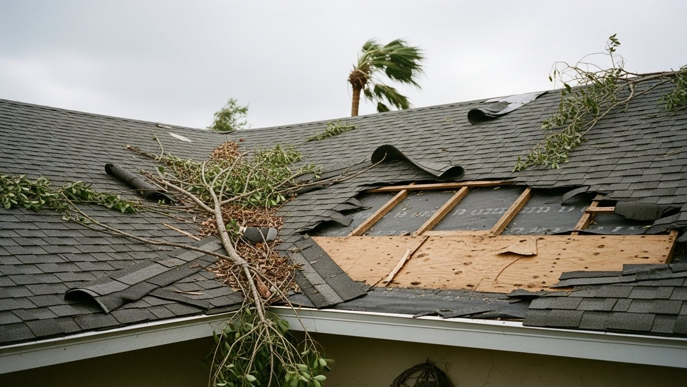 Storm-damaged house roof with a large hole, broken shingles, and a fallen tree branch