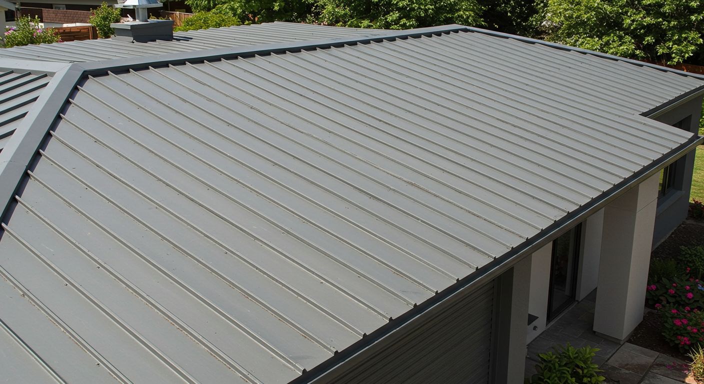 Gray metal roof on a house, angled perspective.