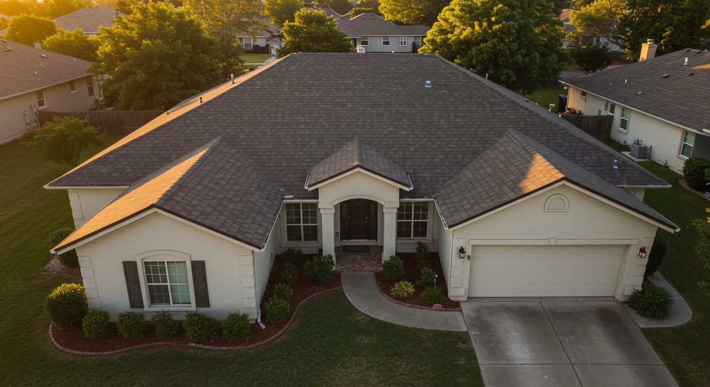 A beige house with a gray roof, in a grassy setting.