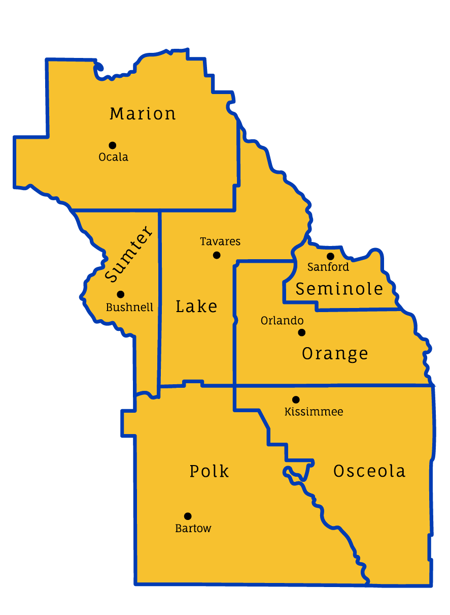 Map of central Florida counties, including Orange, Seminole, Lake, Polk, Marion, Sumter, and Osceola.
