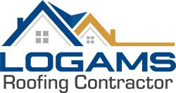 Logo for Logams Roofing Contractor featuring house silhouettes and company name.