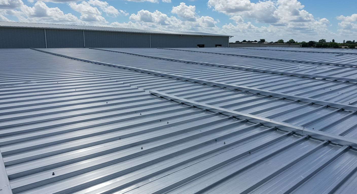 Metal roof of a large commercial building under a blue sky with scattered clouds.