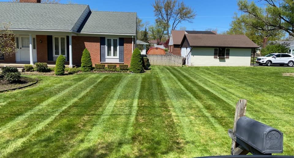 A lush green lawn in front of a house with a mailbox in the foreground.