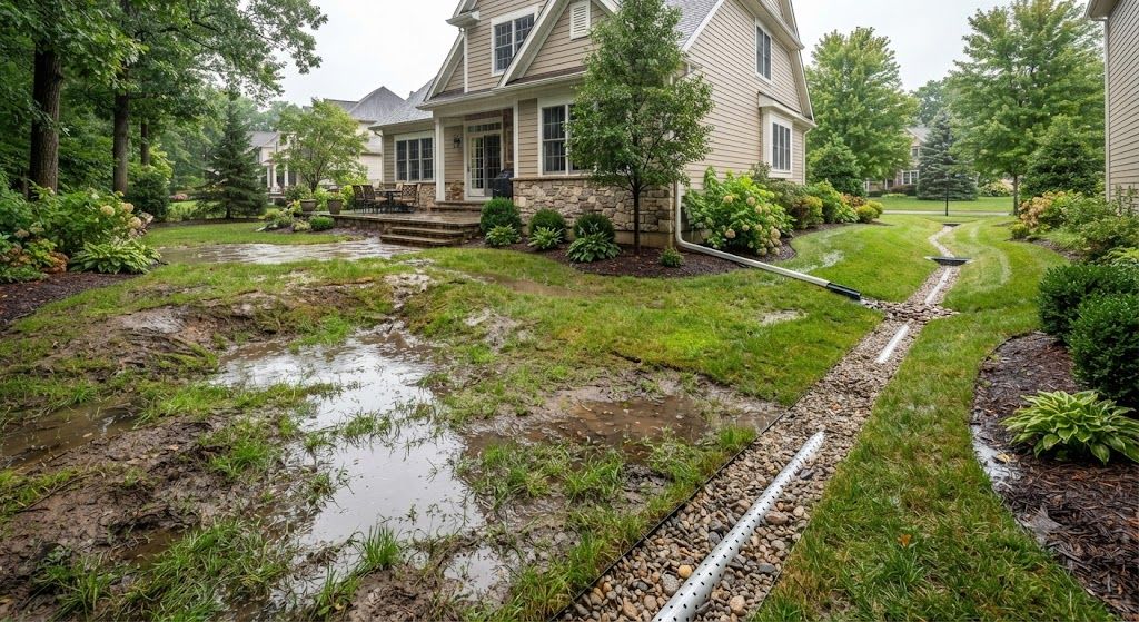Flooded yard beside a beige house with trees and shrubs after heavy rain