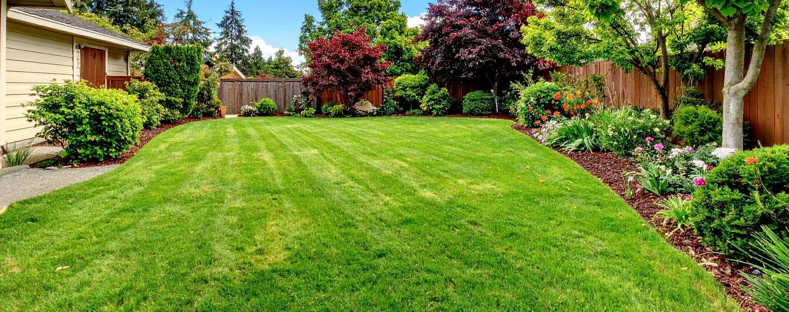 Lush green suburban lawn bordered by flower beds, shrubs, and trees beside a house