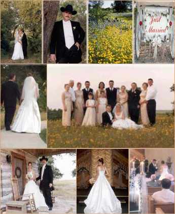 A collage of photos of a wedding with a sign that says just married
