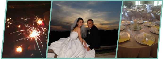 A bride and groom are posing for a picture with sparklers in the background