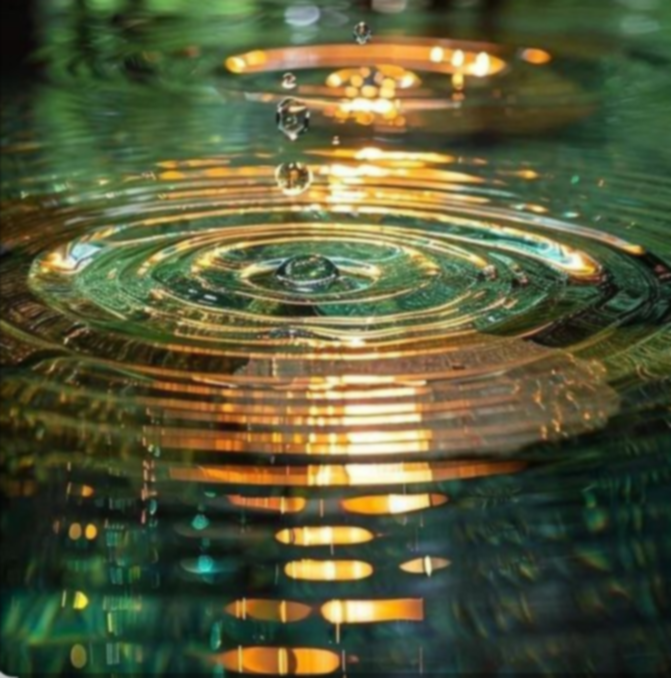 Water droplet creates concentric ripples, reflecting golden light and green hues.