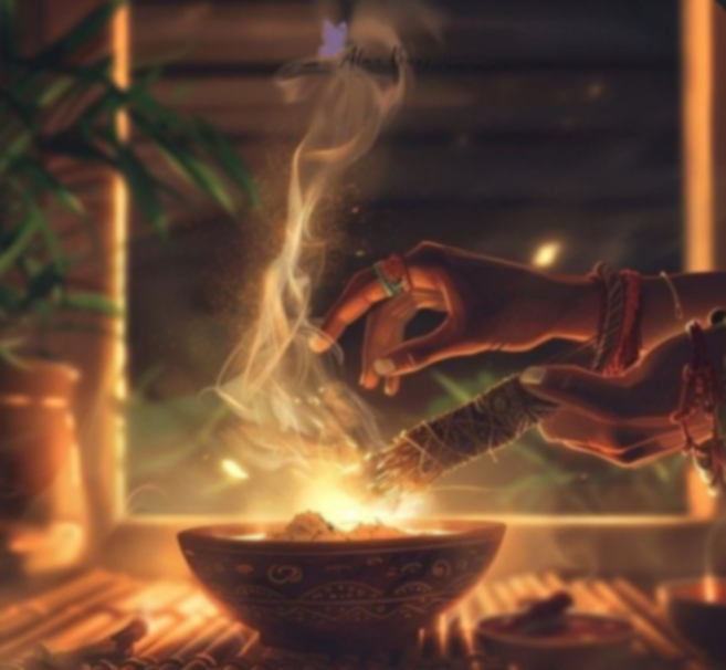 Hands smudging incense over a bowl, releasing smoke. Wooden setting, natural light.