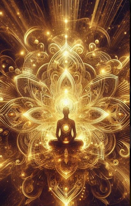 Meditating figure in lotus pose, surrounded by golden, ornate light patterns resembling a flower.