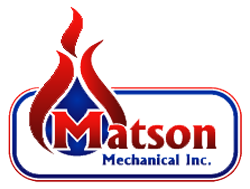 Logo for Matson Mechanical Inc., featuring a red flame motif over a blue water drop behind a large letter M.