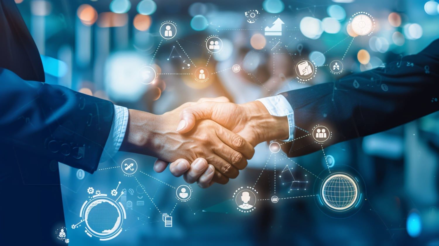 Two people in suits shaking hands, surrounded by digital network icons, representing a partnership.