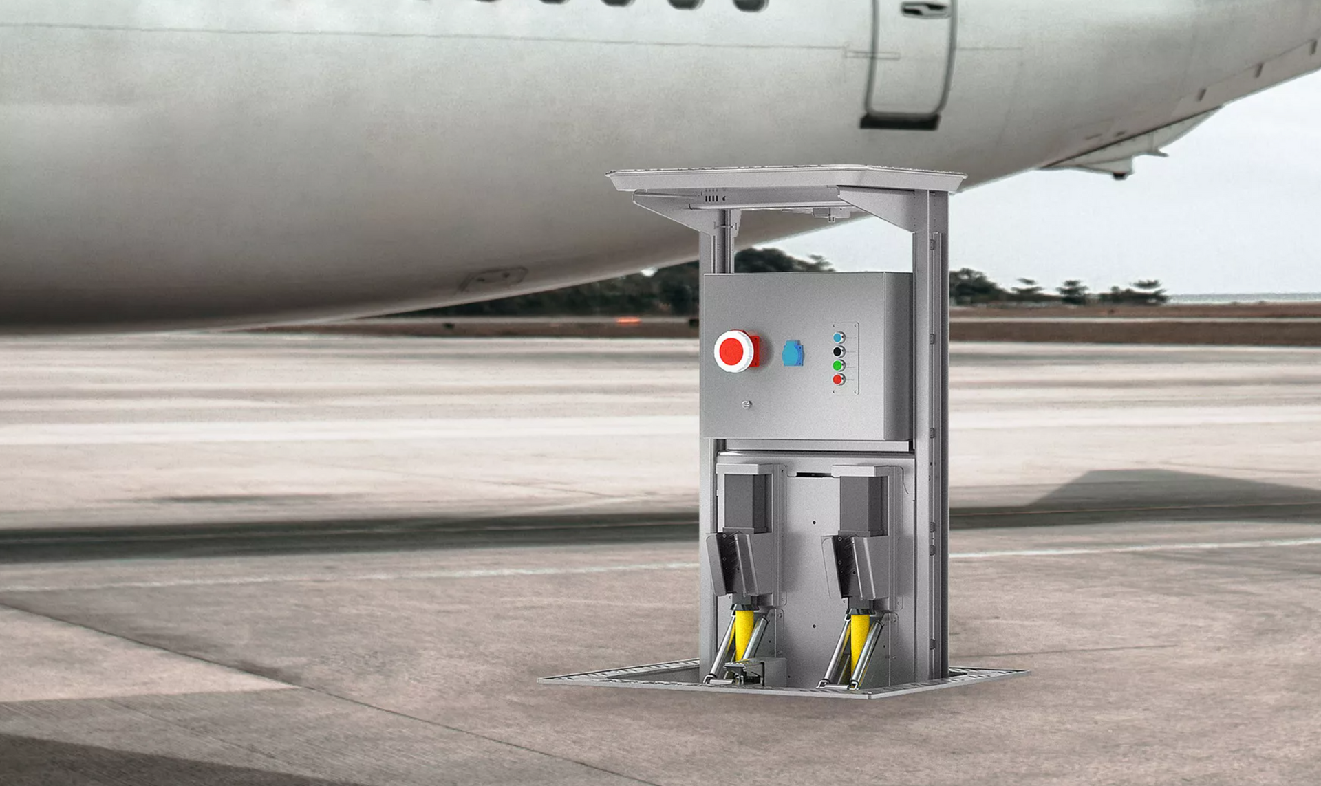 Un avion est garé à côté d'une boîte en acier inoxydable
