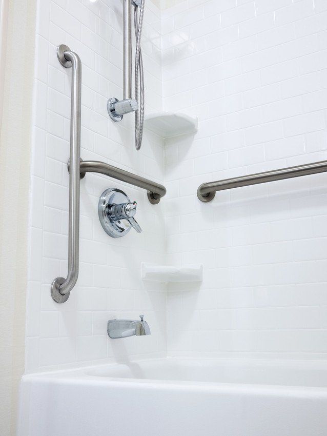 Shower with handicapped disabled access grab bars and removable shower head