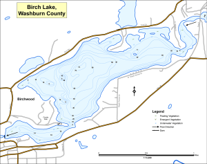 Birch Lake, Washburn County map with blue lake, contour lines, shoreline roads, and legend