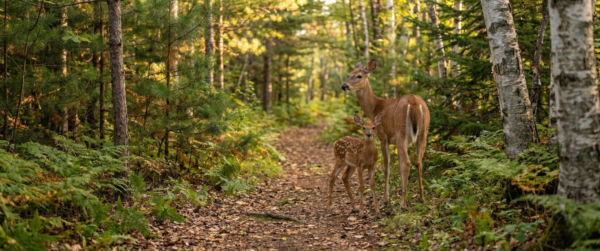 Two deer standing on a forest path in a sunlit birch woods