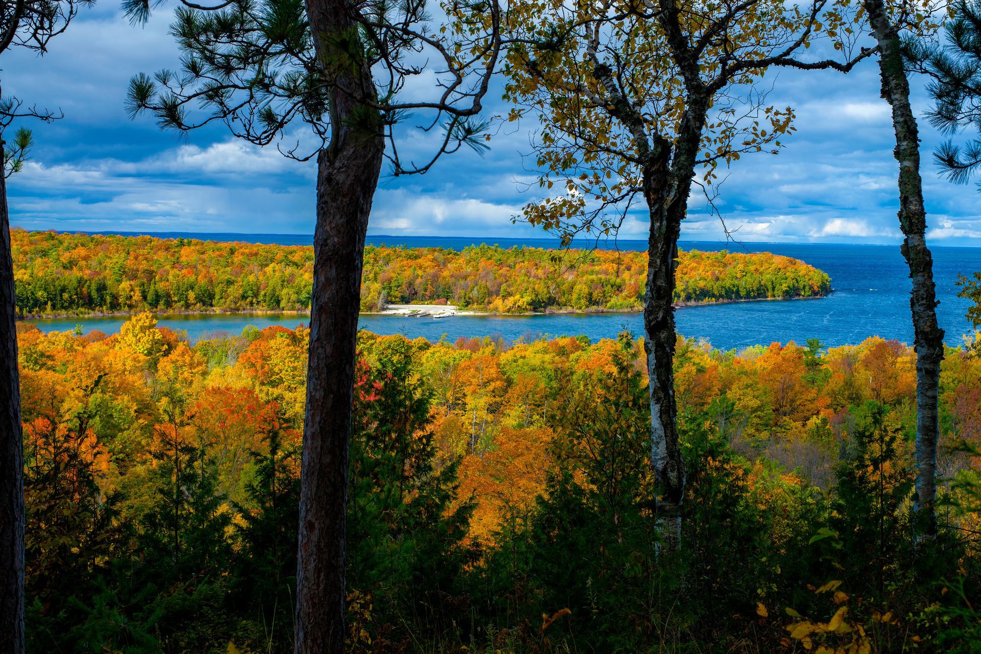 Forest overlooking a blue lake with autumn foliage and cloudy sky