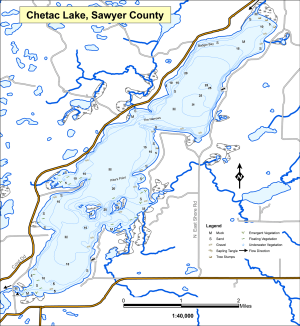Map of Chetac Lake in Sawyer County with roads, shoreline, and depth markings.